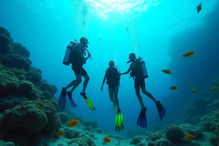 Marine educator guiding students underwater during a dive class